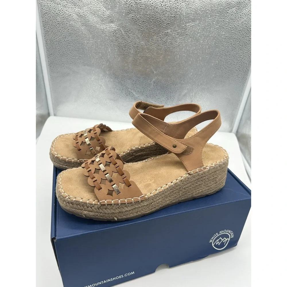 New White‎ Mountain Stride Espadrille Wedge Heel Ankle Strap Sandals Tan Size 9M